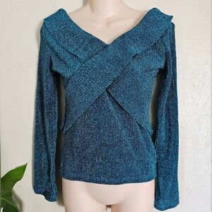 Shein Tealish Green Glitter Criss Cross Front Top Size Womens Small LIKE NEW
